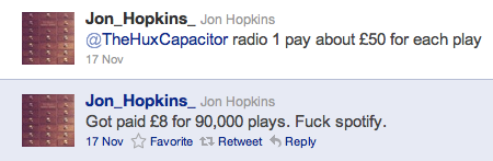screenshot of Hopkin's tweets, where he says "radio 1 pay about £50 for each play" and "Got paid £8 for 90,000 plays. Fuck spotify."
